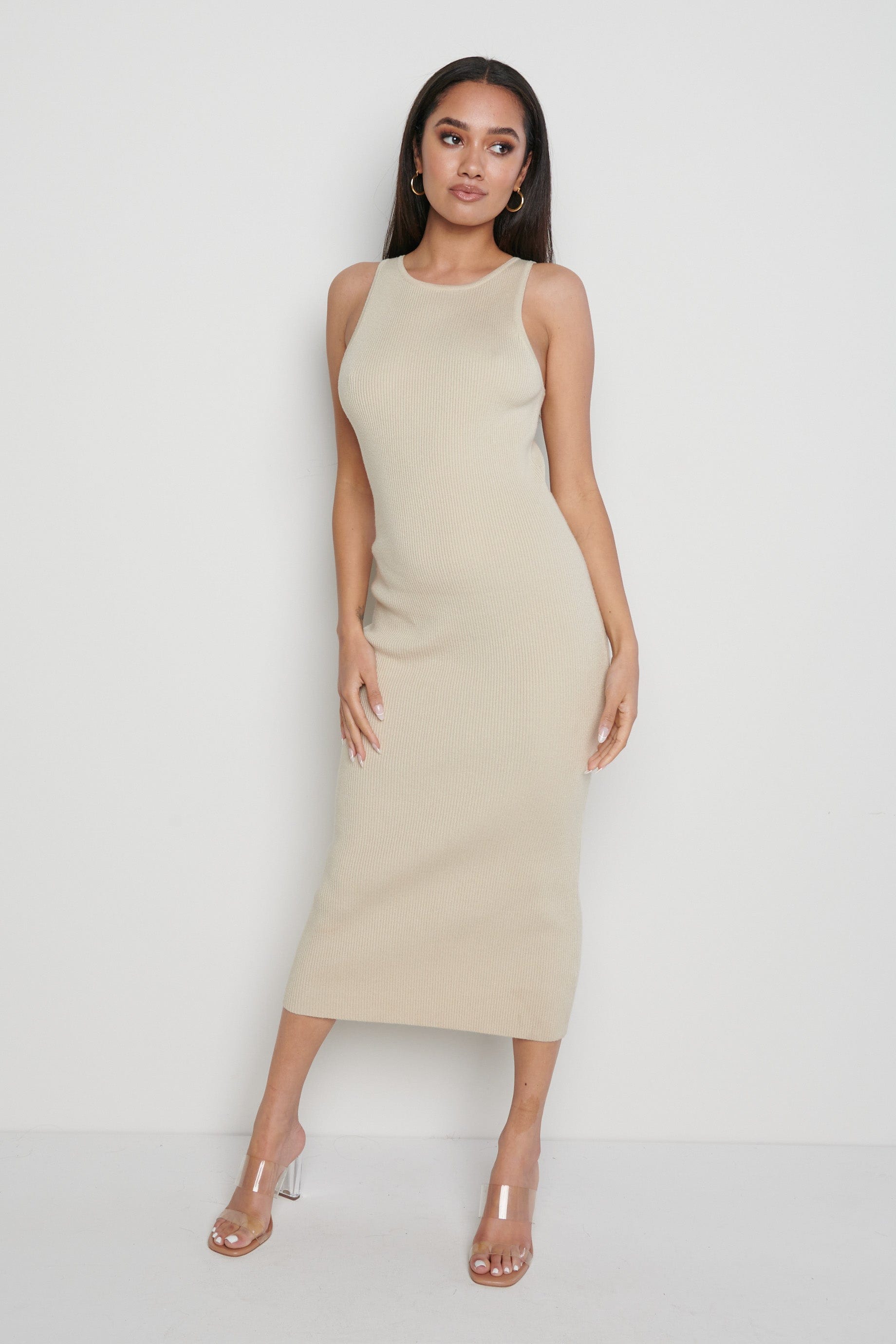 Billie Ribbed Racer Midi Dress - Beige ...